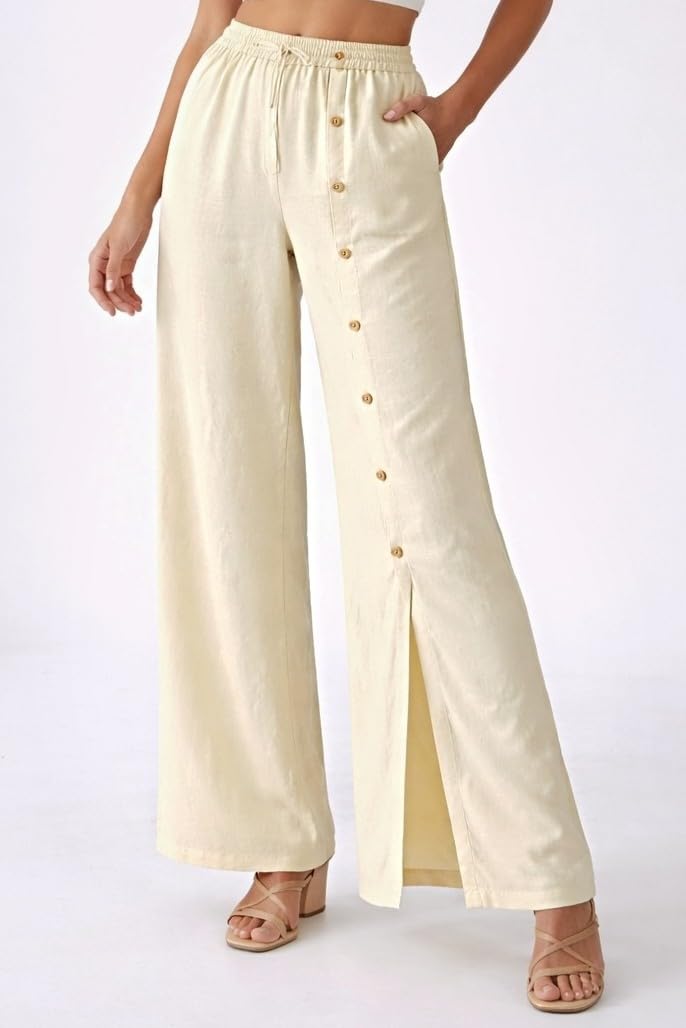 Women's Khadi Palazzo Pants, High Rise with Elastic Waistband, Side Button Detail, Casual Wear, Regular Fit (in, Alpha, L, Regular, Cream)-picture-48