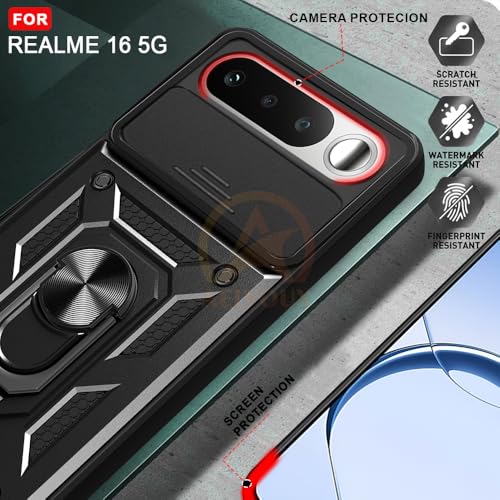 Image of Armor Bumper Back Cover Case for Realme 16 5G | Rotating Camera Cover, Ring Holder & Kickstand | Heavy Duty & 360 Degree Protection Realme 16 5G Back Cover (Black)