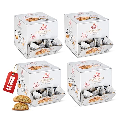 Belli Cantuccini Mandelgebäck 4x600G [DOPPELT GEBACKEN] mit 18% Mandel-Anteil | 60 Kekse pro Box | Italienische kekse | mit Blütenhonig | Biscotti di Prato