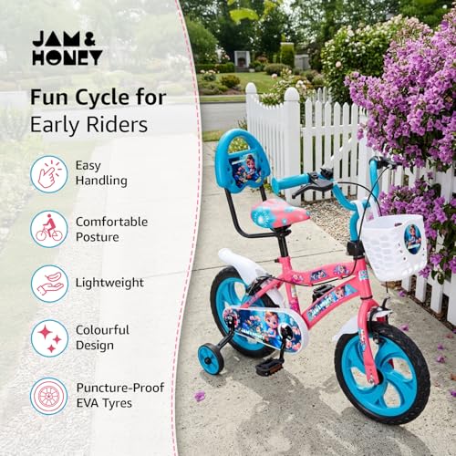 Image of Amazon Brand - Jam & Honey 14T Bicycle for Kids | Sturdy Steel Frame | EVA Tyres | Adjustable Seat & Handlebar | Training Wheels | Front Storage Basket | Pink | for Ages 5+ Years