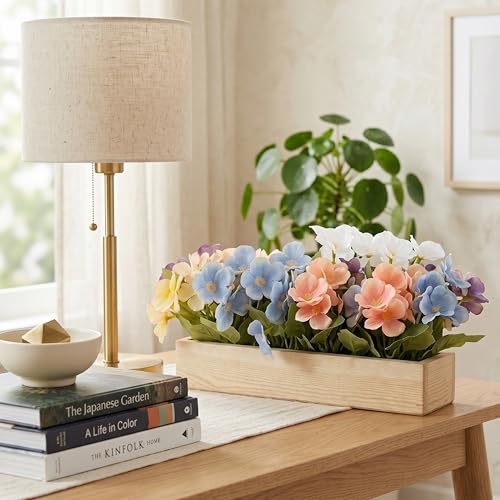 Image of Dekorly Artificial Hydrangea Flower Arrangement with Wooden Planter (24 CM) | Premium Realistic Floral Decor for Table & Living Room | Stylish Indoor Decor for Living Room