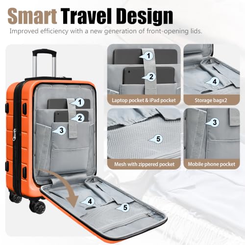 Image of KEYTANG SmileLine 3-Piece Luggage Set Lightweight Hardside Suitcase TSA Lock Spinner Wheels, 20 inch Expandable Carry-On Luggage with Quick Access Front Open Pocket, Bonus Makeup Bag,Orange