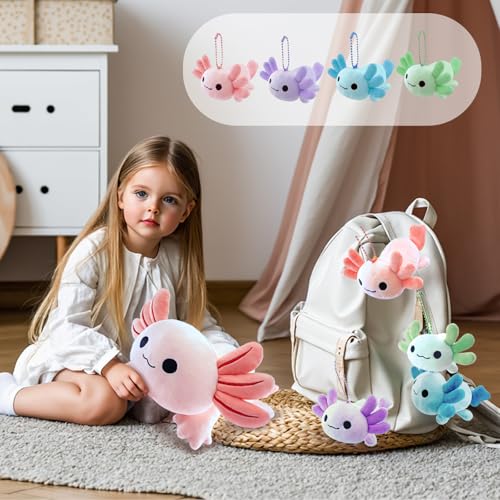 Image of Axolotl Plush，Cute Axolotl Mommy Stuffed Animal with 4 Baby Axolotl Plushies in Tummy，Kawaii Axolotl Plush Toy Gift for Kids Girls Boys