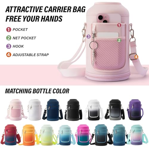 Insulated Water Bottle | Thickened Stainless Steel Vacuum Metal | Portable Sports Half Gallon Large Water Jug for Gym and Hiking with Straw, Carrier Bag, Handle Strap | BPA-Free 64 oz