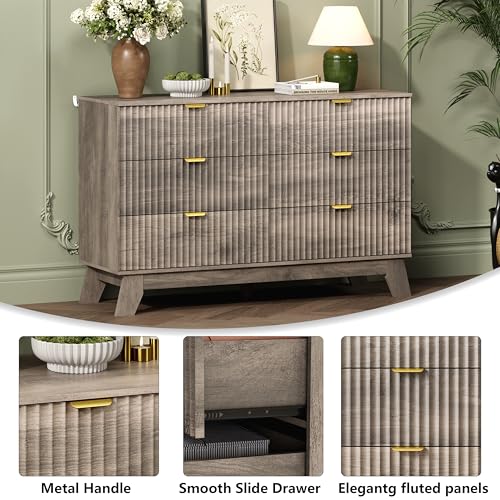 Image of Wodeer 6 Drawer Fluted Dresser for Bedroom, Mid Century Modern Wooden Dresser with 6 Drawers, Dressers & Chests of Drawers with Metal Handle, TV Stand & Storage Organizer for Entryway, Hallway, Grey