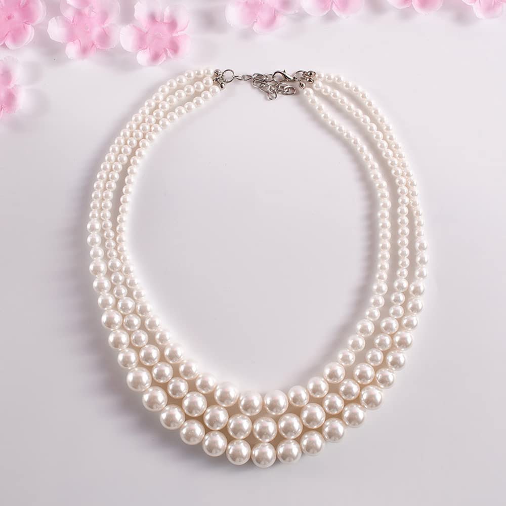 JKJF Multi Strand Pearl Necklace 1920s Flapper Pearls Necklace 3 Layered Pearl Necklace Faux Pearls Necklace for Wedding Prom Halloween Cosplay Tea Party Banquet