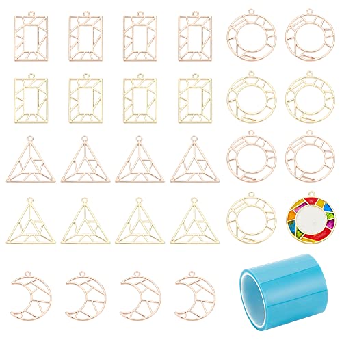 OLYCRAFT 28pcs Geometric Open Bezel Pendant 4 Styles Partially Open Back Bezel Partially Hollow Out Charm with 1 Roll Seamless Paper Tape - Light Gold & Rose Gold