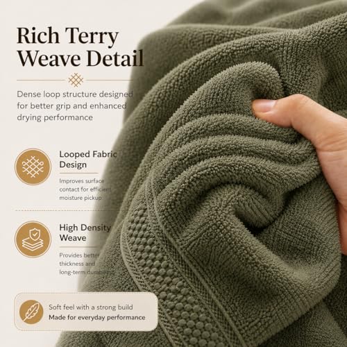 Image of 100% Pure Cotton Bath Towel for Men & Women | 380 GSM Ultra Soft, Highly Absorbent & Quick Dry Bath Towel | Large 55 x 28 Inch Matty Terry Towel for Bathroom, Gym, Travel & Daily Use | Olive Green