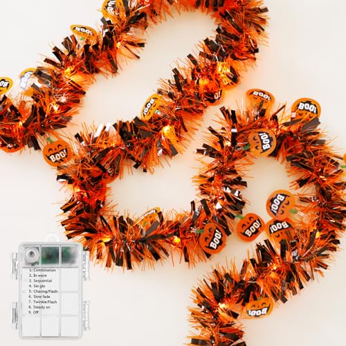 Halloween Decorations Tinsel Garland with Orange Pumpkin Fairy Lights 6.6ft,