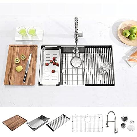 ATTOP Undermount Workstation Kitchen Sink With Faucet,32 Inch Undermount Kitchen Sink Stainless Steel Single Bowl Workstation Sink Cover