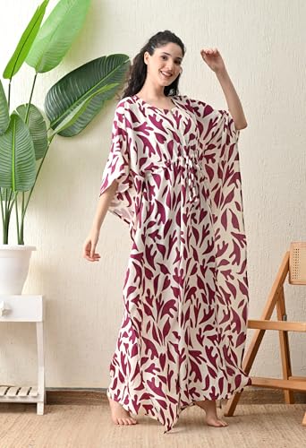 Image of Ichaa Women's Pink Rayon Printed Round-Neck Kaftan-Style Free Size Nighty with Drawstring