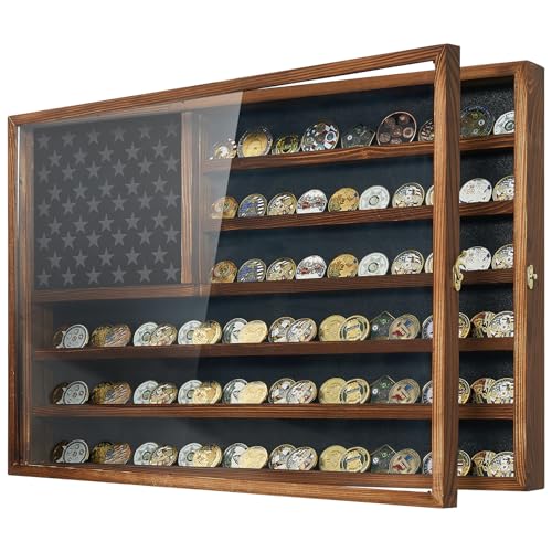 Challenge Coin Display Case, 27.6" x 18.3" Lockable Military Coin Holder Cabinet with Removable Star Board, Solid Wood Coins Cases for Collectors Plexiglass Coins Rack Stand