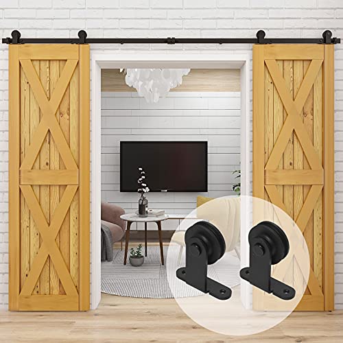 4FT/121cm Noir Grange en Bois Double Ensemble de Hardware porte coulissante en acier Barn Bois Double porte coulissante matériel Track Rolller Cover