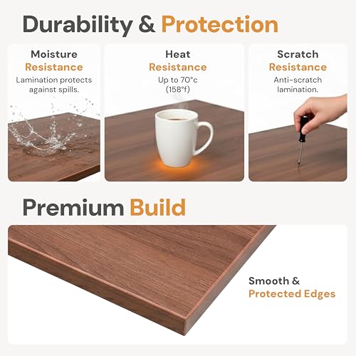 Image of Table Top for Office, Study & Standing Desk - 18mm Pre-Laminated Engineered Wood, Matte Scratch & Spill Resistant, Load up to 120 kg, Suitable Frames - 48x24 inch, Walnut