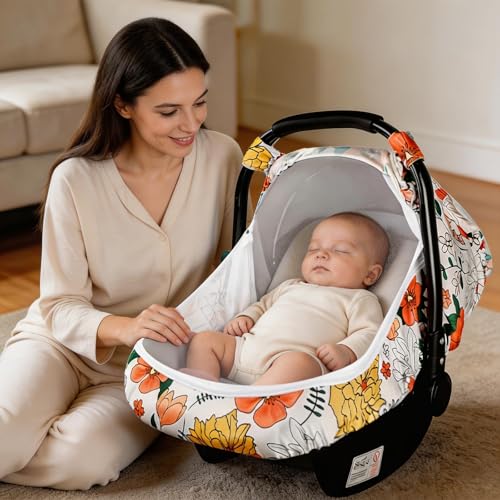 Image of Pea Pod Car Seat Covers for Babies - Breathable Mesh Canopy with Kick-Proof, Soft Stretchy Protection - Newborn Stroller Carrier Covers for Girls - Retro Floral