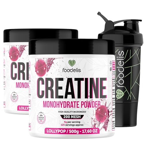 Foodelis Creatina Monohidratada en Polvo – Sabor Lollypop – 100% Creatina Micronizada – Alta Pureza – Sin Aditivos – Vegana – Alta Solubilidad – Incluye Dosificador (1 kg + Mezclador)