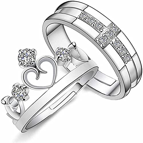 FETE PROPZ Couple Silver Platinum American Diamond Love King Crown Couple Finger Rings Combo for Girls Boys Men Husband Wife Couples Boyfriend Girlfriend Valentine Gifts(Couple Set ), Adjustable