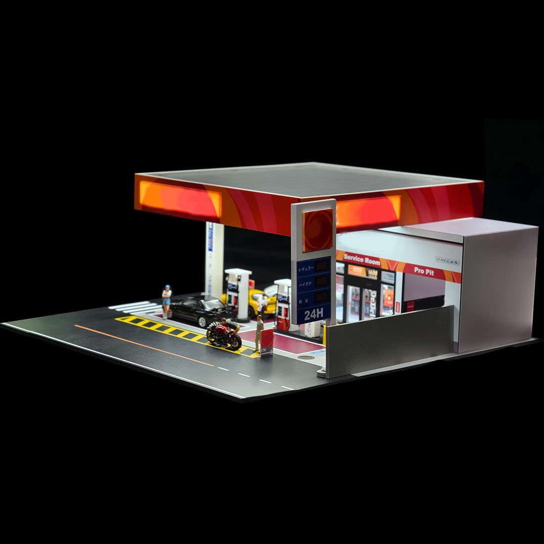 Japońska stacja benzynowa 1:64 scena modelowa, miniaturowy budynek z oświetleniem, miniaturowa stacja benzynowa do wyświetlania samochodów odlewanych pod ciśnieniem, realistyczny zestaw dioram dla