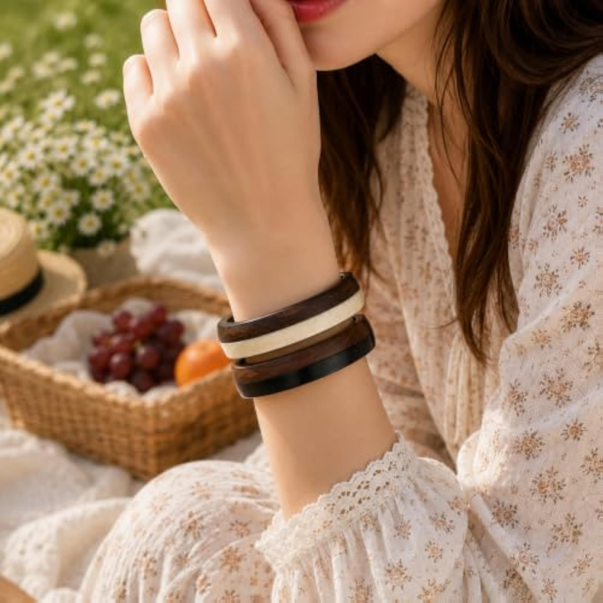 Handcrafted Wooden Bangles Pair, Dual Tone, Size 2.8