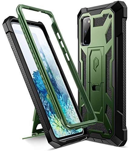 Poetic Spartan Series Designed for Samsung Galaxy S20 Case, Full-Body Rugged Dual-Layer Metallic Color Accent Premium Leather Texture Shockproof Protective Cover with Kickstand, Metallic Green