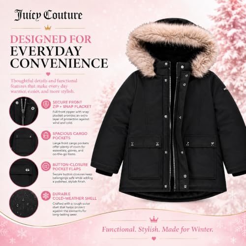Image of Juicy Couture Girls Heavyweight Winter Jacket with Faux Fur Hood and Cargo Pockets