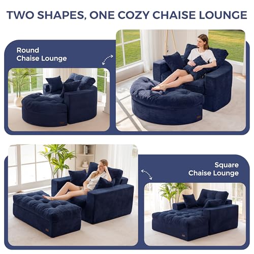 Image of MAXYOYO Modular Sectional Chaise Lounge Sofa, 2 Sets Upholstered Lounge Chair with Ottoman, Comfy Round+ Square Couch with Layered Cushion, Tufted Sleeper Chair for Living Room, No Assembly, Navy