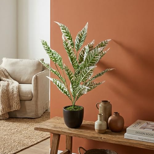 Image of Dekorly Artificial Plant Leaves Tropical Monstera Large Artificial Plants Fake Zebra Leaf Plastic Palm Tree Branch for Home Garden Decor | 26 Leaves (WithPot-Green-G, Height : 76CM)