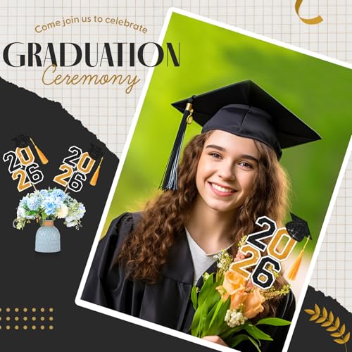 Image of 10 Pcs Graduation Table Centerpieces Sticks with Tassels, class of 2026 Grad Cap Picks Table Decoration Cupcake Toppers for Party Centerpiece Decoration Supplies(Black and Gold)