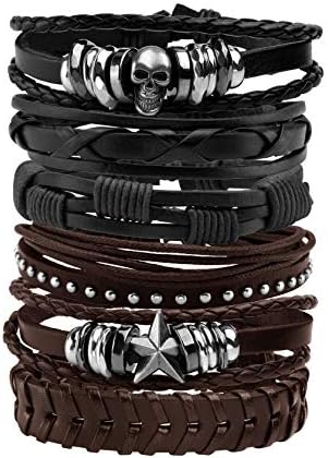MILAKOO Leather Bracelet Black Brown Braided Wide Wristband Women Men Punk Jewelry Skull