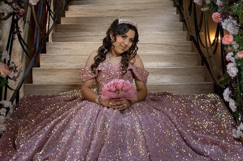 Mouccy Glitter Sequin Quinceanera Dresses Puffy Off Shoulder Ball Gowns with Bow Pleated Sweet 15 16 Dresses for Teens Long4