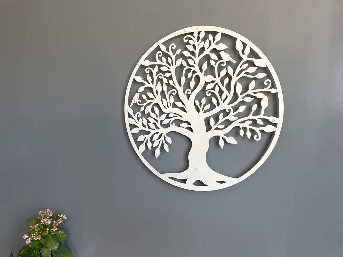 DEKADRON Arte de pared de metal, Arte de pared árbol de la vida, signo de árbol genealógico de metal, blanco (60x60cm)