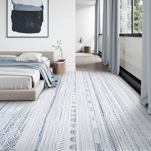 10x14 Area Rugs for Living Room Machine Washable Rug Distressed Indoor Carpet Neutral Moroccan Boho Rug Ultra Soft Area Rug for Bedroom Dining Room Playroom Office, Blue