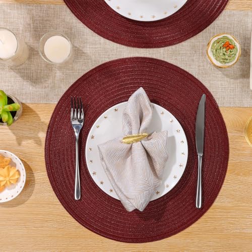 Image of SHACOS Round Placemats Set of 6 for Dining Table 15 inch Round Braided Place Mats Washable Non Slip Kitchen Table Mats, Burgundy