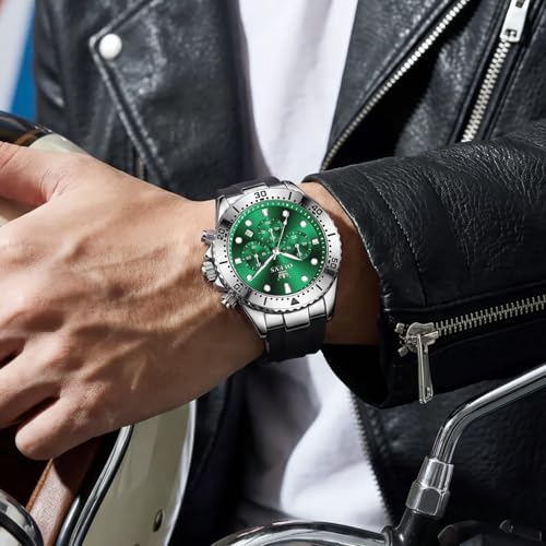 Image of OLEVS Men's Watches Sport Chronograph Analog Quartz Watch for Men with Date Waterproof Dress Casual Fashion Watch Soft Silicone Rubber Strap Band, Unidirectional Bezel & 42mm Big Face