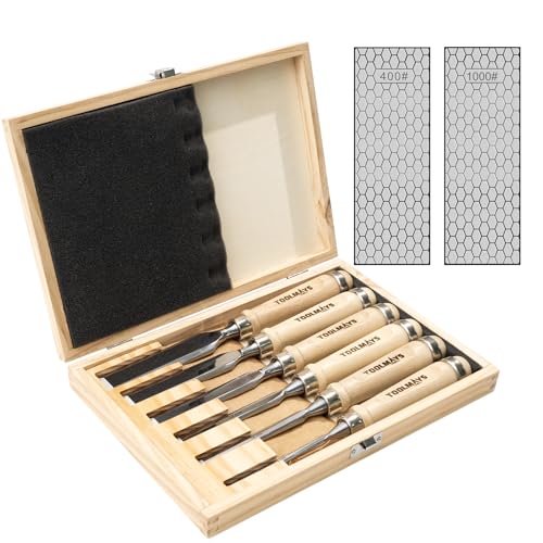 TOOLMAYS Stechbeitel Set für Holz, 6-teiliger Stemmeisen Set mit Schleifstein, Holzmeiselset Härte bis zu HRC 63