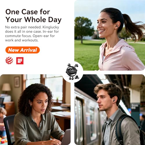 Image of Kinglucky 2-in-1 Wireless Earbuds, in-Ear & Open Ear Clip-On Earbuds Comfortable fit, Bluetooth Headphones 5.4 with Noise Cancelling Mic, Power Swap Charging, Up to 50H, Black