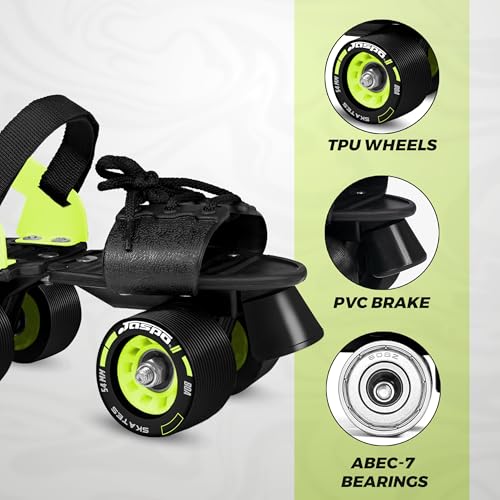 Image of JASPO Razor Adjustable Roller Skates | Unique Ankle Support | 61mm PU Wheels | Anti-Skid Surface | Lightweight | Quad Skates for Kids & Adults (Size 25-31 cm, Age 8+)