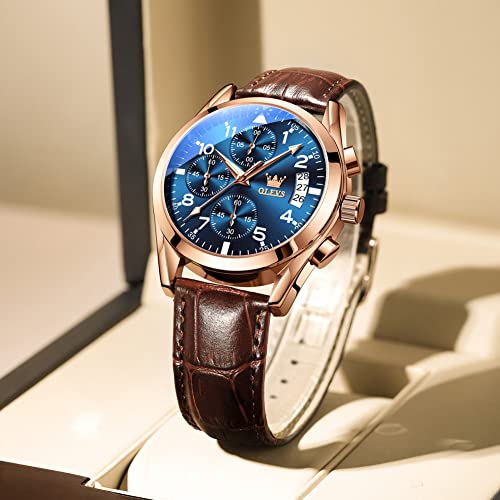 Image of OLEVS Men's Watches Leather Strap Analog Quartz Watch, Fashion Big Dial Date Waterproof Watch, Dress Luxury Luminous Men Watches, Blue Face /Brown Leather Strap, round, Quartz Watch