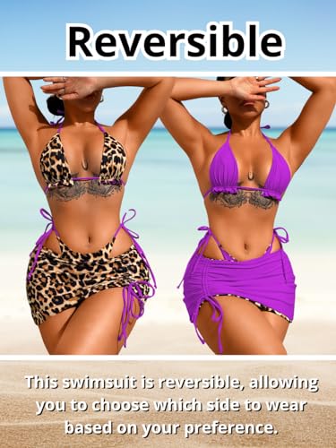 Image of ShawGobow Womens 3 Piece Leopard Bikini Set,Triangle String High Cut Thong Sexy Swimsuit & Coverup Skirt,Pool Party Outfit