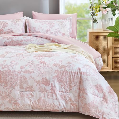 Image of DJY Queen Size Comforter Sets, Pink Botanical Comforters with Sheets 7 Pieces Bed in a Bag Queen Elegant Plants Print Christmas Soft Microfiber Reversible Complete Bedding Sets for All Season