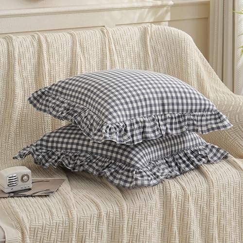 2 Pack Grey/White Plaid Ruffled Throw Pillow Sham 20 x20 inches, Washed Cotton Vintage Farmhouse Decorative Gingham Pillow Cover for Sofa/Living Room