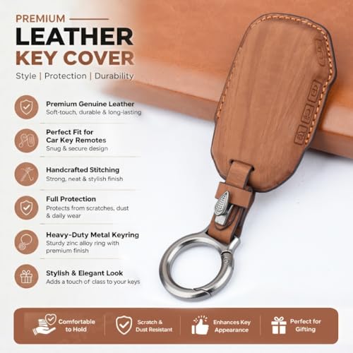 Image of Wooden PU Leather Key Cover Compatible with Kia Seltos 2024 2023 Facelift HTX Carens X Line Sonet Facelift 4 Button Smart Key Stylish Wooden Texture & Durable Premium Leather Protection