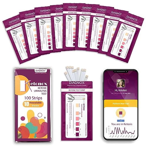Keto Strips Urine Test Kit - 100 Ketone Test Strips in 10 Pouches with Mobile App - Keto Test Strips for Testing Ketones and Ketosis Level on Low-Carb and Keto Diet
