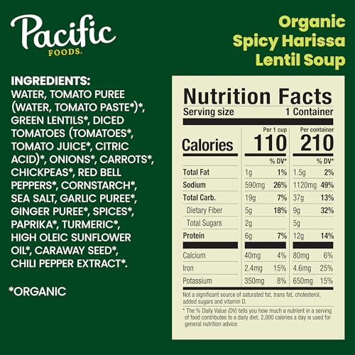 Image of Pacific Foods Organic Spicy Harissa Lentil Soup, Plant Based, 16.3 oz Can (Pack of 12)