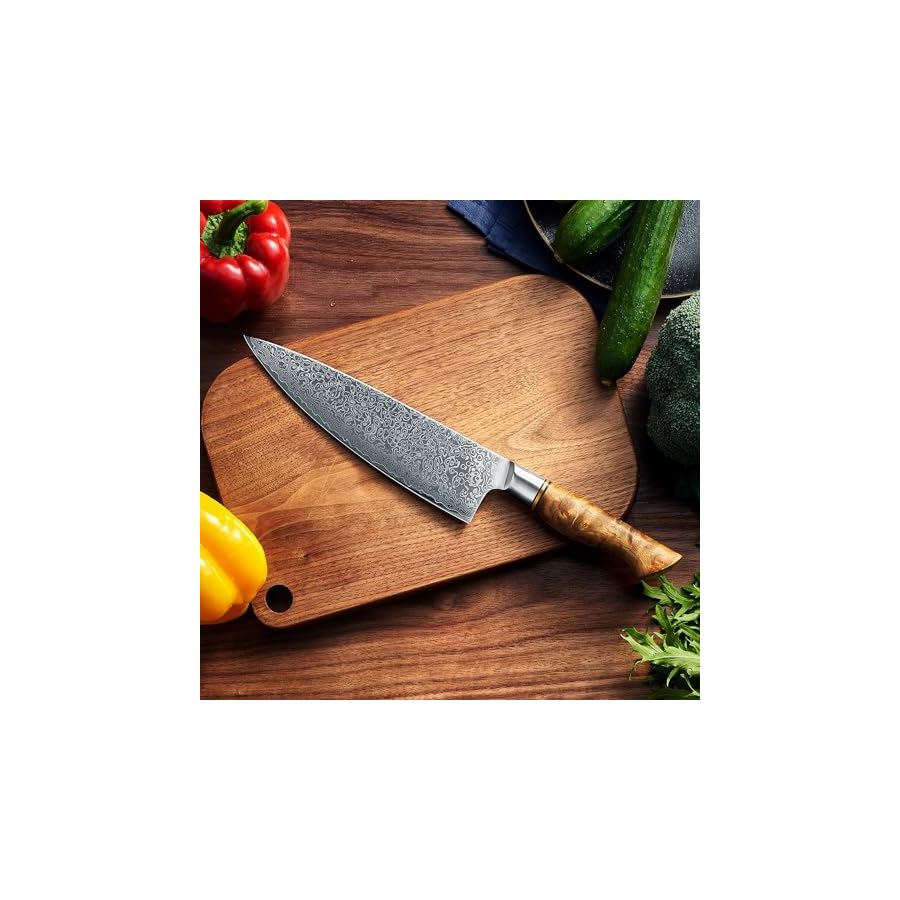 SENKEN-8-Damascus-Steel-Chefs-Knife-Dynasty-Collection-67-Layer-Japanese-VG10-Steel-with-Sycamore-Wood-Handle-Razor-Sharp-Double-Bevel-15-Edge SENKEN 8" Damascus Steel Chef's Knife - Dynasty Collection - 67-Layer Japanese VG10 Steel with Sycamore Wood Handle, Razor Sharp Double Bevel 15° Edge