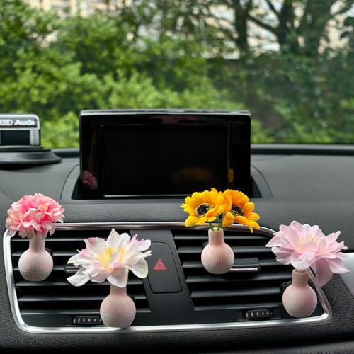 Image of Set of 4 Cute Flower Bouquet Car Air Freshener Vent Clips, Mini Artificial Flowers for Car Air Vent Decoration, Auto Interior Dashboard Ornament Accessories (Sunflower)