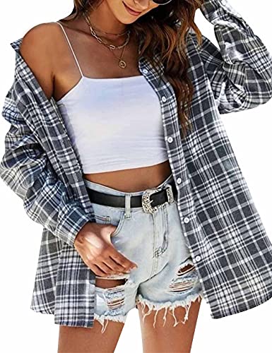 Image of HangNiFang Womens Flannel Plaid Shirts Oversized Button Shirts Blouse Tops