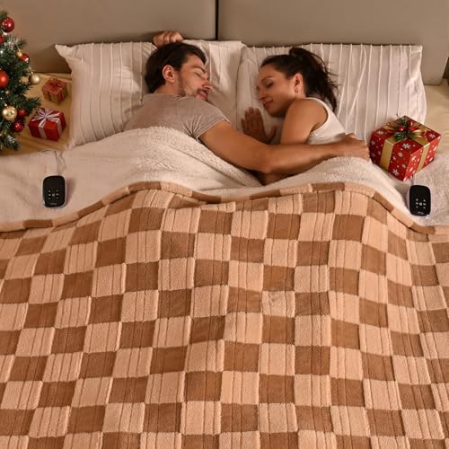 Image of Bearhug Heated Blanket King Size 100 inch x 90 inch Dual Controller Electric Blanket, Reversible Brown Plaid Sherpa Heating Blanket, 10-Heat Levels & 1-12H Auto Off, ETL, Machine Washable