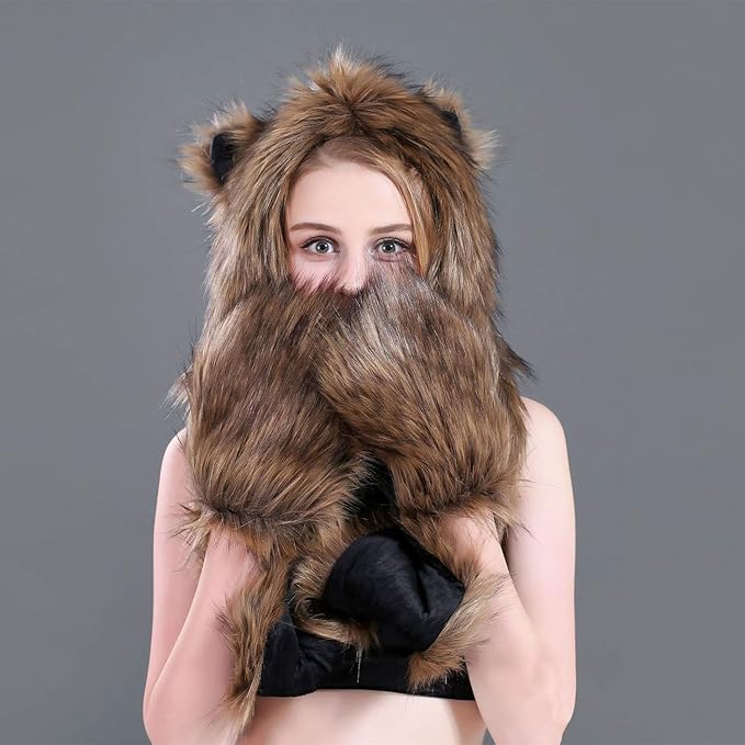 Women Faux Fur Animal Hood Scarf with Glove Pocket Winter Soft