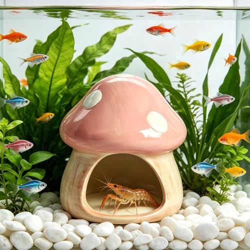 Image of AnRui Ceramic Betta Fish Tank Accessories Decor Cute Mushroom House Aquarium Decoration Hideout Cave Ornament for Small Fish, Shrimp, Goldfish and Reptiles (Pink)